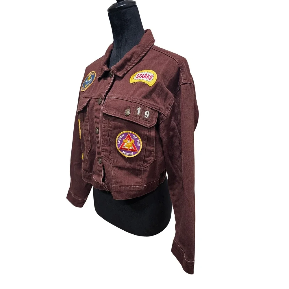Stoosh Patchwork Denim Jacket Women Sz‎ L Brown Cropped Scout Patches Streetwear